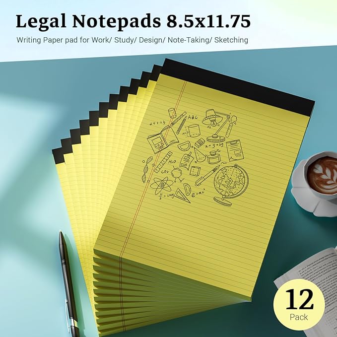 Yellow Legal Pad, 8.5 x 11 College Ruled Notepad, 12 Pack Legal Notepads 8.5 x 11 Writing Pads, 30 Sheets Per Note Pad, Micro Perforated Lined Paper for Work Study Daily Note Taking List