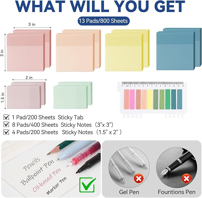 800 Sheets Transparent Sticky Notes with Index Tab, Waterproof & Crystal Clear Sticky Notes Sets, See-Through PET Sticky Note, 5X The Sticking Power Translucent Sticky Note Pad,13 Packs