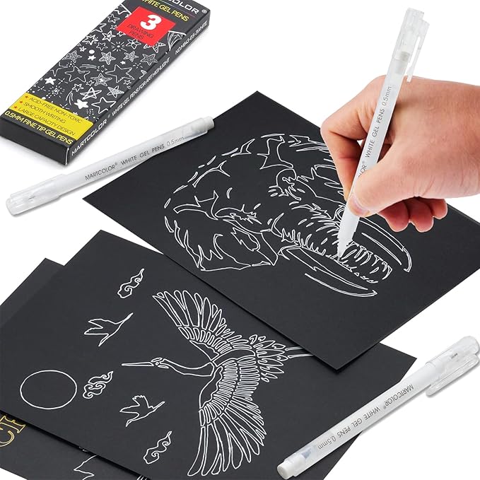 MARTCOLOR White Gel Pens, 0.5mm Extra Fine Point Opaque Archival Ink Pen for Black Paper Drawing, Art Highlight, Illustration, Bullet Journaling, Card Making & DIY Projects, 3 Pack