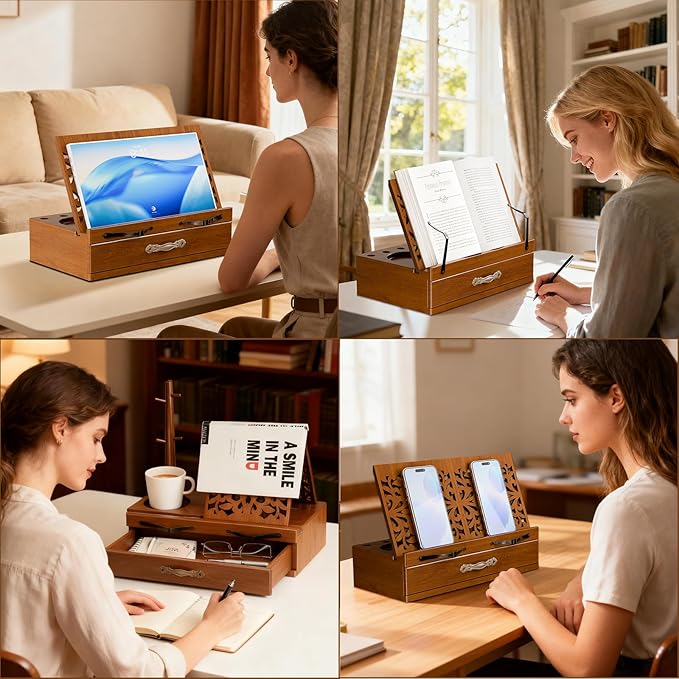 Adjustable Wooden Book Stand with Storage - Multi-Function Hands Free Book Holder for Books, Tablets & Recipes with Cup Slot, Pen Groove & Page Holder - Perfect Kitchen Counter & Gifts for Book Lovers