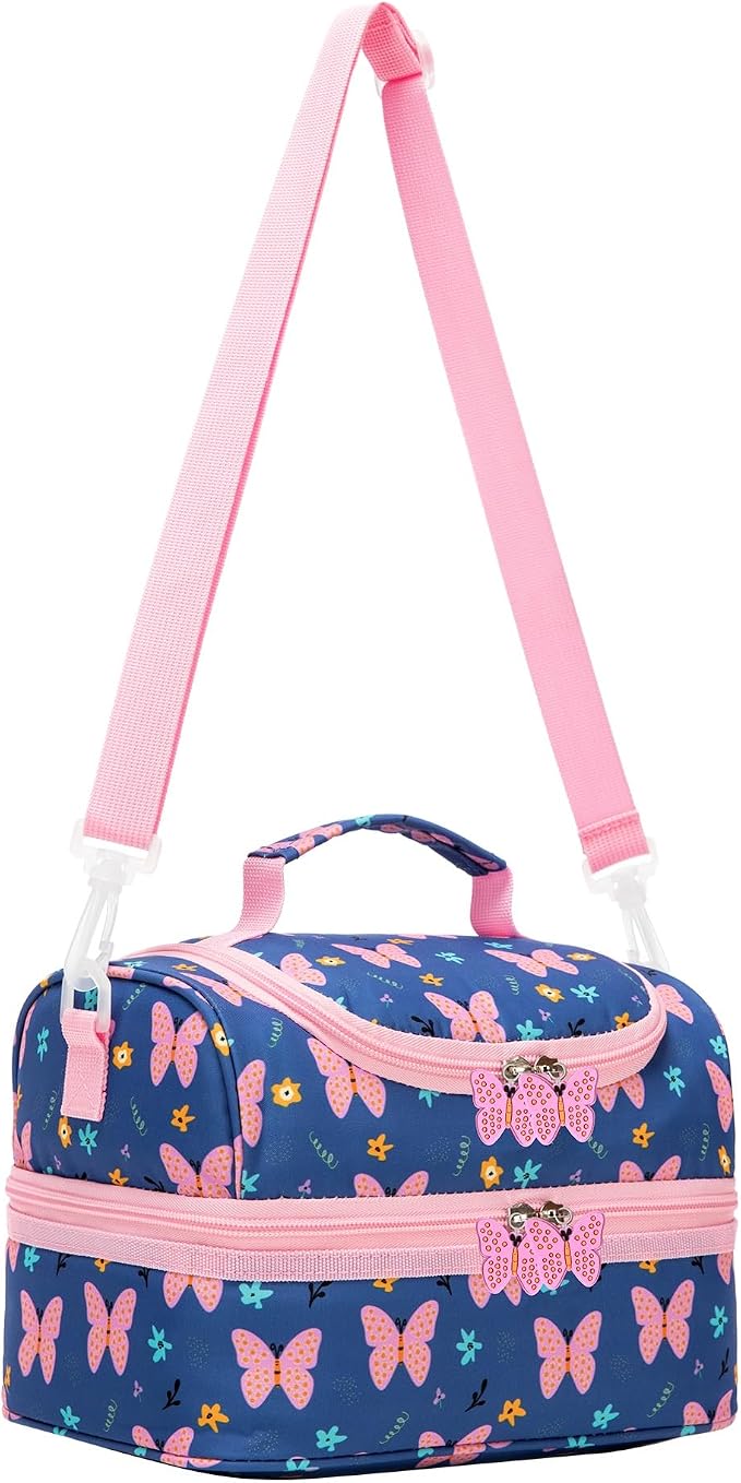 Insulated Kids Dual Compartment Lunch Bags Tote for Girls Boys Toddler Lunch Boxes Pre-School Toddler Kindergarten Picnic Camp Food Cooler Thermal with Strap (ZPINKBTFLY)