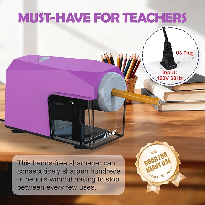 AFMAT Electric Pencil Sharpener, Fast & Hands-Free, 10K+ Uses, 5 Nibs, Fully Automatic Pencil Sharpener for Classroom, Heavy Duty Sharpeners for No.2/Jumbo/Colored Pencils (φ6.5-10.5mm) US Plug(120V)