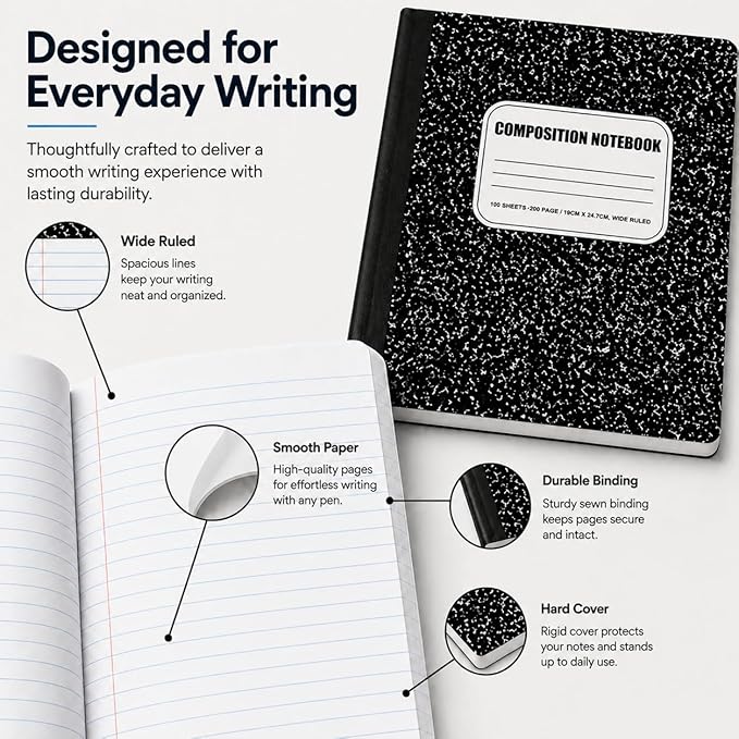 CLEENTABLE Composition Notebook 48 Pack, Wide Ruled Paper, Marble Cover Notebooks for School, 9.75 x 7.5 Inches, 100 Sheets (200 Pages), Sewn Binding Comp Books, Black