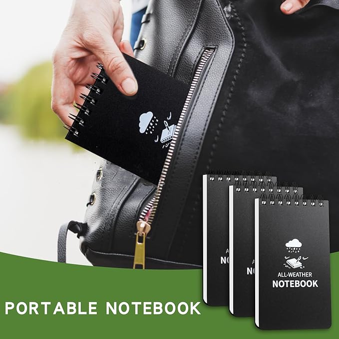 Waterproof Notebook, 4 Pack Pocket Notepad, 3" x 5" Top-Spiral Weatherproof NotePad, All Weather Police Pocket Notebook Mini Memo Steno Note Pads for Outdoor Office School Recording, Black