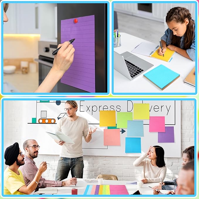Qeeenar 8 Pads Big Sticky Notes 11 x 11 Inch Lined Jumbo Large Sticky Notes for Wall,Giant Strong Power Memo Square Post for Office, 25 Sheets/Pad(Bright Color)