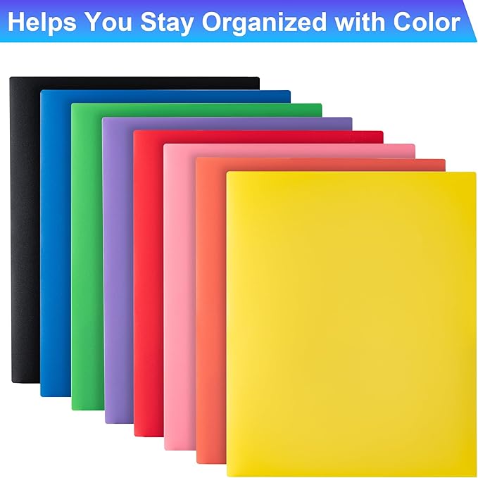 CADONO Plastic Folders with Pockets (8 Pack,Assorted Colors), Durable Heavy Duty File Folders with Business Card Slot, 2-Pocket Folder for Schoolwork & Office,Back to School Supplies