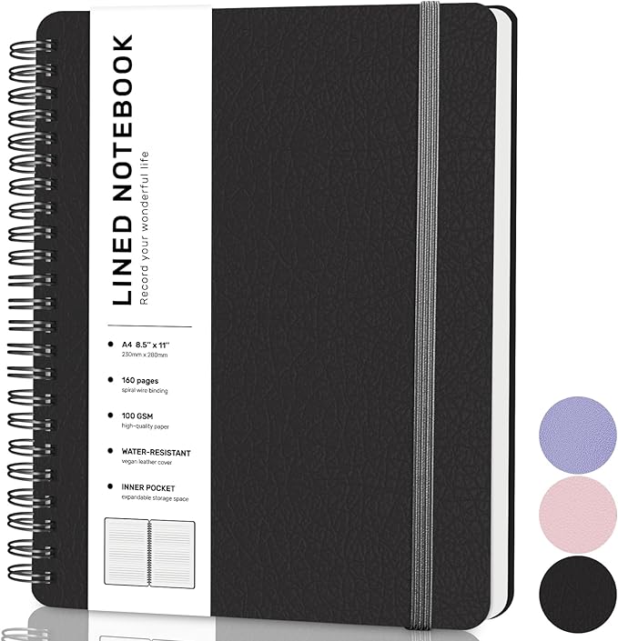 ABERLLS Lined Spiral Journal Notebook with 160 Pages, 8.5×11in, A4 Spiral Notebook, Journaling Notebooks for Work, School, Women, Men, College Ruled Spiral Notebook, Hardcover Leather Journals, Black