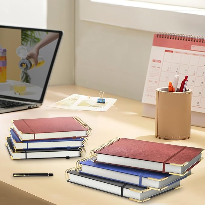 A5 Top Spiral Notebook, Large Leather Hardcover Top Bound Steno Pads, 240 Pages 100 gsm Thick Lined Paper Left Handed Notebook Journal for Work, School, Meeting Writing - Navy Blue, 5.9" x 8.5"