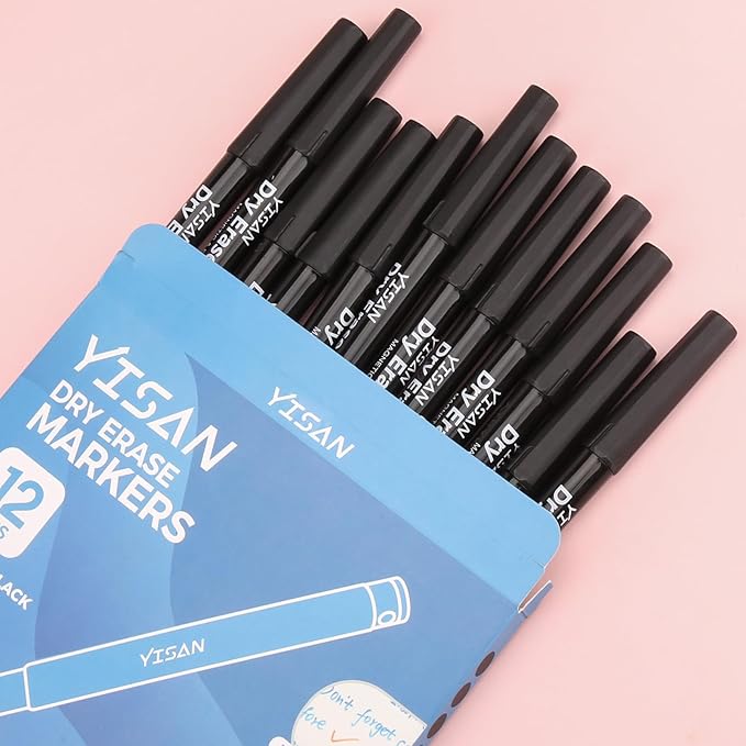 YISAN Black Dry Erase Markers Ultra Fine Tip,0.7mm Extra Fine Point, Whiteboard Markers with Eraser,Low Odor,70573