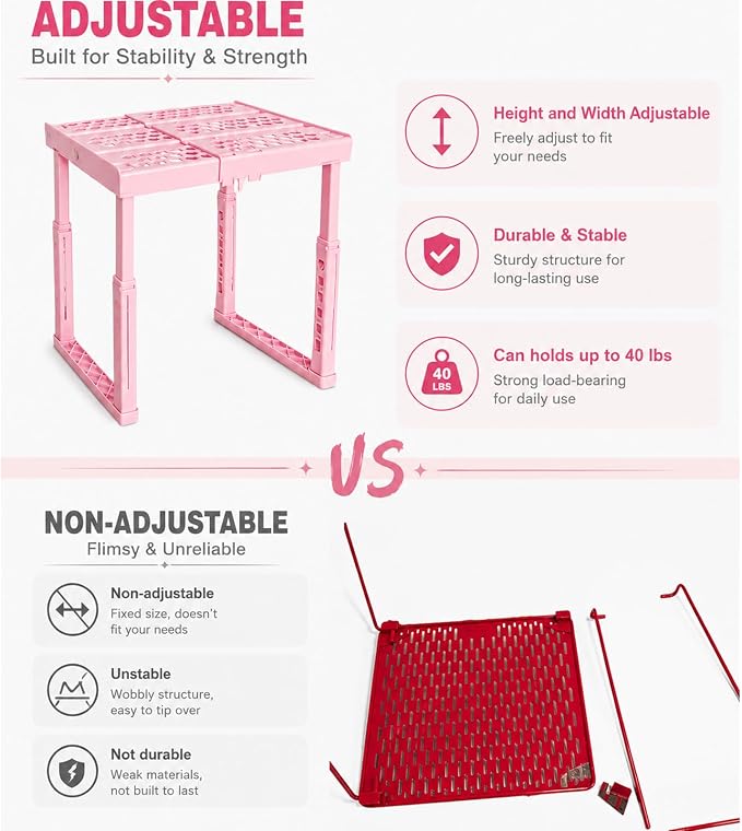 Svartur Adjustable Locker Shelf Pink Height and Width Adjustable Locker Organizer Shelf for School Locker, Stackable Locker Stand Tools for Gym Lockers, Office, Back to School Essentials