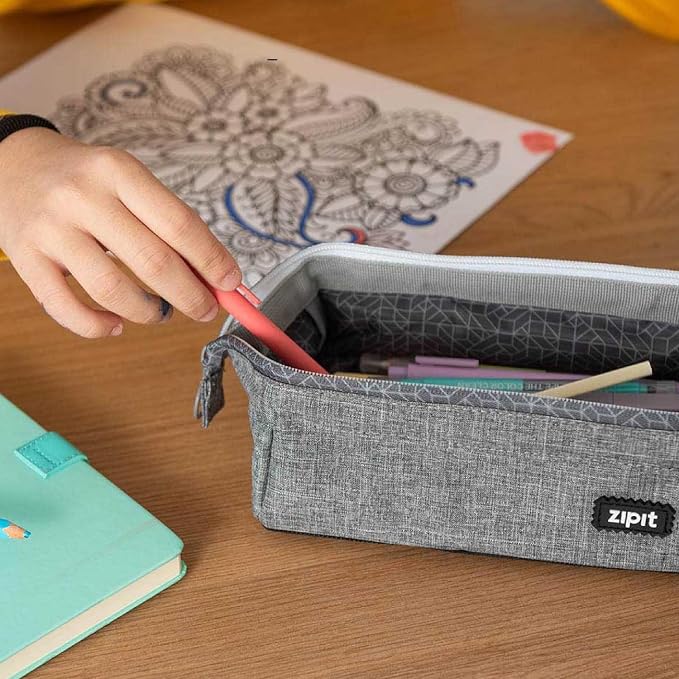 ZIPIT Lenny Pencil Case, Wide-Opening Zipper Pouch for Girls and Boys, Grey | Aesthetic pouch for school, machine washable, colorful lining, holds 55 pens & pencils, doubles as a makeup case for travel