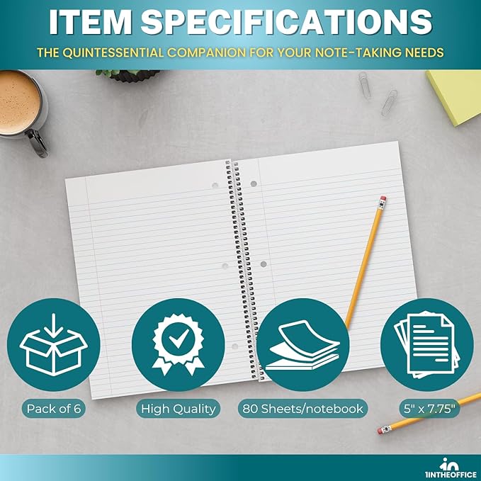 1InTheOffice 1-Subject Wirebound Notebook, College Ruled, 80 Sheets, Spiral Notebook 5x7, 7 3/4" x 5", 6/Pk (6)