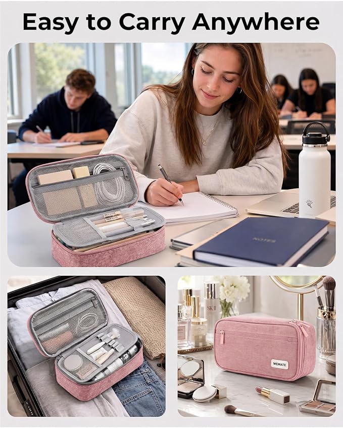 WEMATE Pencil Case, Large Capacity Pencil Pouch, Big Storage Organizer | for Stationery, Zipper Pen Bag, Travel Pen Box, Office Organizer Makeup Bag for Men Women Pink