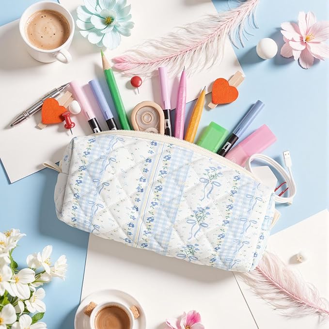 Cute Quilted Pencil Case for Girls Women, Aesthetic Small Floral Pencil Pouch,Slim Soft Pencil Bag for School Supplies Makeup Pouch for School & Daily Use (Blue Bow Floral)