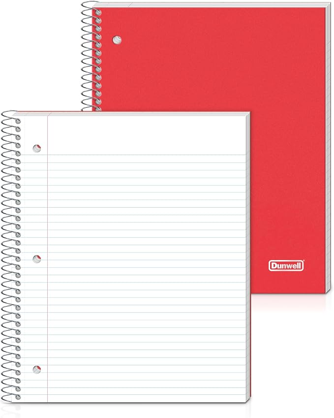 Dunwell 3 Subject Notebook College Ruled (Red), 150 Sheets (300 Pages), Spiral Notebook 8.5 x 11, Plastic Cover, 3 Pocket Divider Folders, 3-Hole Punched Perforated Paper