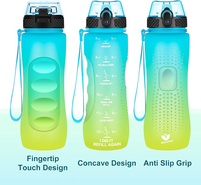 24 OZ Motivational Kids Water Bottle With Time Marker,Straw Lid,Leak Proof, Tritan BPA Free Sports Water Bottle Blue-Yellow(1 Lid)
