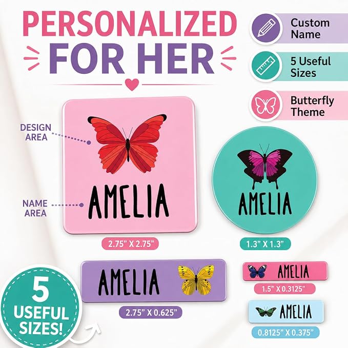 Andaz Press Custom Personalized Waterproof School Name Labels, Butterflies, 120-Pack, Kids Labels Combo Pack, Customizable Multi-Use Name Stickers for Preschool, Daycare, Back to School Supplies