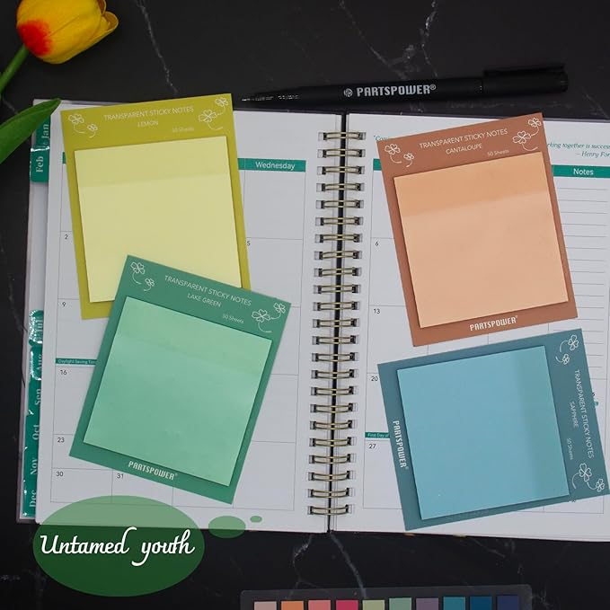 PARTSPOWER Super Transparent Sticky Notes, Jewel Tones 4 Packs 3X3 Inch See Through Annotating Sticky Notes for Annotating, Bible Study Supplies, Office School Supplies - Untamed Youth Series
