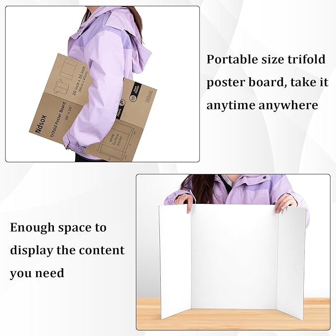 Ndsox 4 Pack 26" x 16" White Trifold Poster Board Medium Size Corrugated Tri Fold Project Poster Boards Science Fair Display Posterboards for Business Presentations, Event Displays, Art Exhibitions