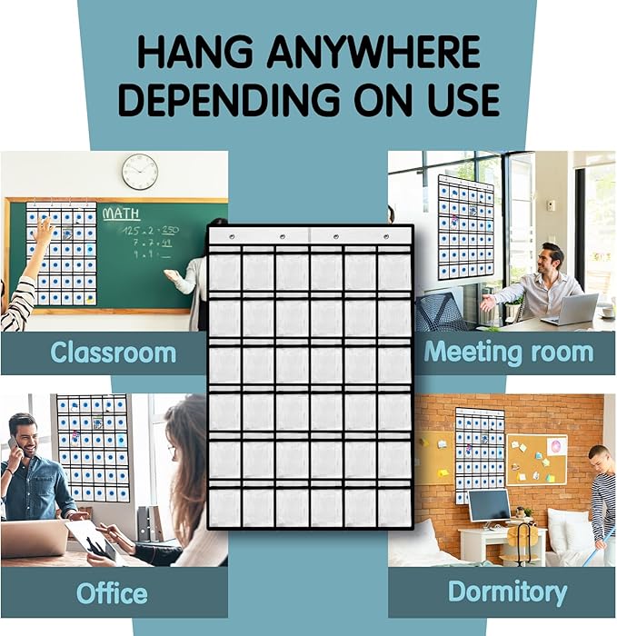 Kotkn 36 Pocket Charts for Classroom Cell Phones, 36 Clear Pocket Charts with Numbered Stickers, Classroom Hanging Cell Phone Organizer, Hangs on Wall, Door Storage Hooks (White)