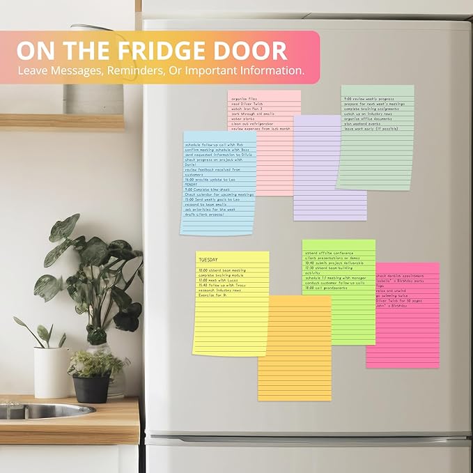 Lined Sticky Notes, 48 Pads, 4x6 Inches, Large Sticky Notes with Lines, Memo Note Pads in Multi Colors, 30 Sheets/Pad, Super Sticking Power for Office & Home & Planning - Bright