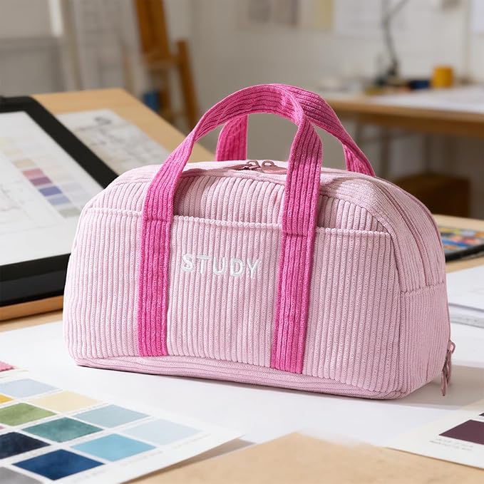 EASTHILL Corduroy Hand-held Pencil Case Large Cute Pencil Pouch Stationery Pen Bag for Teen Girls-Pink