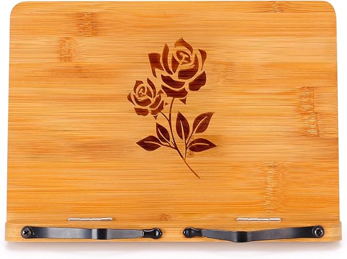 MEGREZ Bamboo Book Stand 13.2 x 9.4 Inch, Foldable Cookbook Holder With 6 Adjustable Heights, Reading Holder for Recipe, Music, Textbook, Tablet Stand, Rose