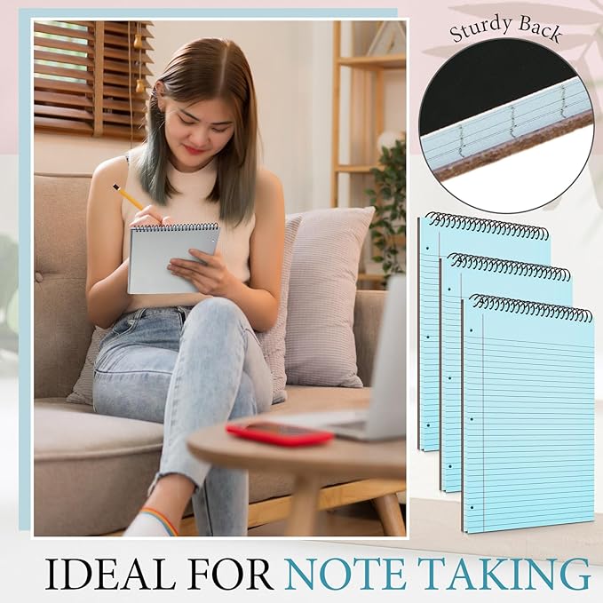 MotiMind 3 Pack 8.5" x 11" Top Spiral Notebook with 3 Hole Punched Blue Legal Pads College Ruled Notepad 50 Sheets Hard Cardboard Paper Wirebound Notepad for Office School Business