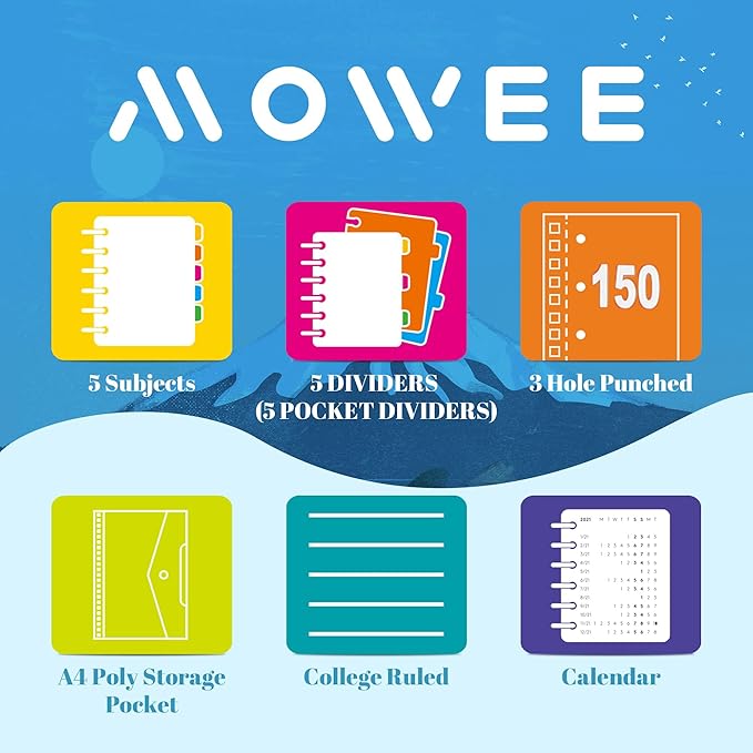 Spiral Notebook - 5 Subject Notebook, College Ruled Notebook With Dividers Pocket, Tabs Label, 11"Ruler, 300 Pages, for Writing Journal, Home & Office, School Supplies, 8.5''x11''Black 150sheets