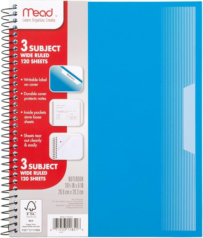 Mead Spiral Notebook, 5 Pack, 3 Subject, Wide Ruled Paper, Plastic Cover, 8" x 10-1/2", 120 Sheets per Notebook, Black, Red, Blue, Green and Yellow (930100A-ECM)