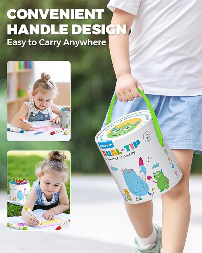 JUPITEARTH Washable Dual Tip Markers for Kids, Broad & Round Tip, Easy-Grip Design for Little Hands, 24 Vibrant Colors Toddler Markers with Portable Case, Preschool Art Supplies for Kids Toddlers