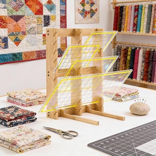 Wenqik Wooden Quilting Ruler Rack with 30 Slots, 16.5" x 12.4", Sewing Ruler Stand and Craft Template Organizer Accessories for School, Office Drawing Supplies