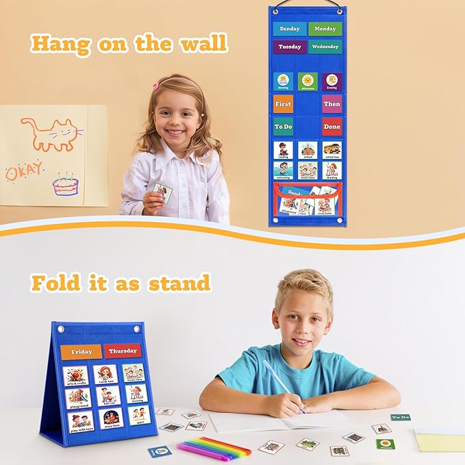 PITCOTT Visual Schedule for Kids Chore Chart,103 Daily Schedule Board Routine Pocket Chart Cards for Toddlers,Autism Learning Material Tool Wall Planner for Home School with 3 in 1 Cards Gift for Kids