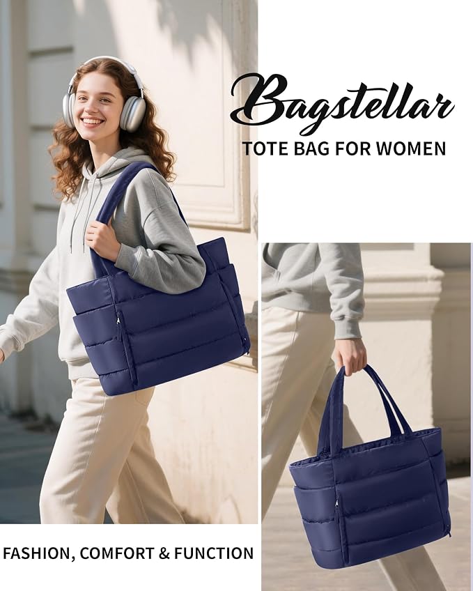 Bagstellar Puffer Tote Bag for Women, Lightweight Puffy Work Handbag Teacher Nurse Quilted Shoulder Bag for School Travel Gym | Cloud Bag w/ Zipper