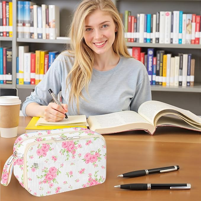 WOBAGMEN Cute Pencil Case,Large Corduroy Zippered Pencil Case Pouch, aesthetic Pencil Bag with Compartments, Pencil Pouch School Supplies (Big Pink Floral)