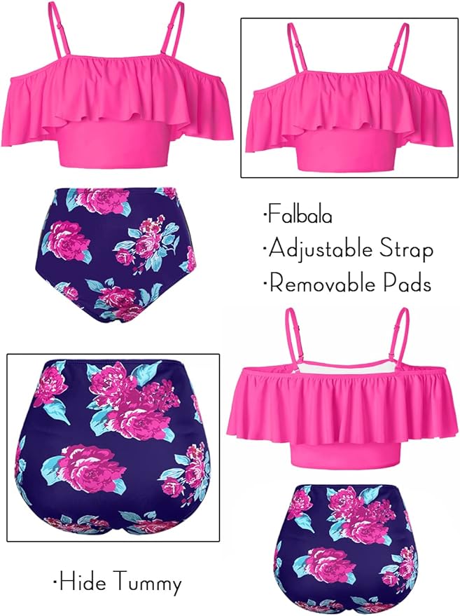 Kaei&Shi High Waisted Flounce Bikini Set,Tummy Control Swimsuits for Women,Off Shoulder