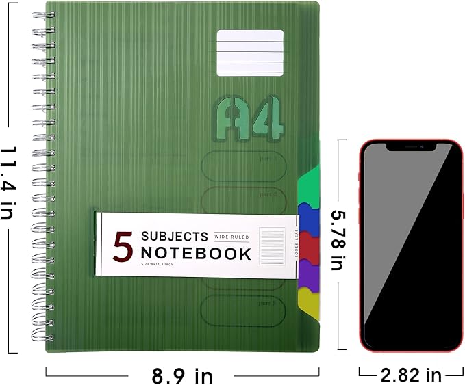 CAGIE 5 Subject Notebook with tabs 8.5'' x 11'', Hardcover Notebook with 5 Colored dividers, Spiral Notebook Wide Ruled for Work 262 Page, Multi-Subject Notebooks for School Office Supplies, Green