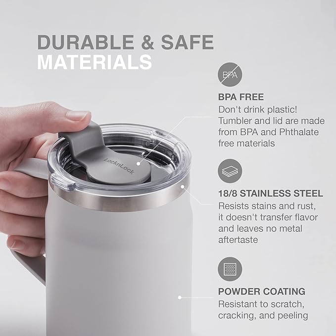 LocknLock Metro Mug, Premium 18/8 Stainless Steel Metal, Double Wall Insulated, Portable Coffee Cup with Lid and Handle for Hot and Cold Drinks, Purple, 20 oz