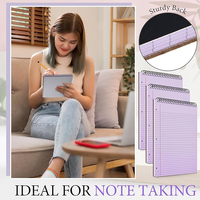 MotiMind 3 Pack 8.5" x 11" Top Spiral Notebook with 3 Hole Punched Purple Legal Pads College Ruled Notepad 50 Sheets Hard Cardboard Paper Wirebound Notepad for Office School Business