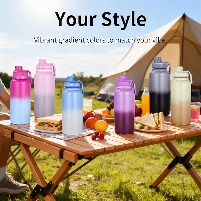Gulex Motivational Water Bottle 32oz with Time Marker- Leakproof & BPA Free Sports Water Bottle with Straw & Carry Strap for Gym, Travel and Outdoor Sports (Stainless steel insulation-PurpleBlue)