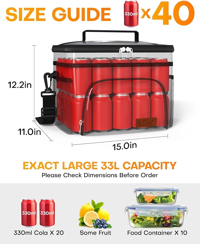 HOTOR Insulated Lunch Box Men Women Leak-Proof Cooler Lunch Bag 33L | 4 Pockets, Adjustable Strap, Ideal for Work, Picnic, Travel, Camping, Gift, Black