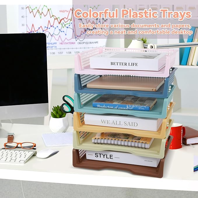 gisgfim 6 Pcs Turn in Trays Classroom Retro Paper Tray for Classroom Organization and Storage Stackable Plastic Book Baskets Turn in Bins Teacher Organizers for Library Drawers School Office Desk