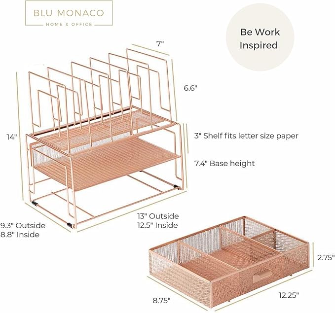BLU MONACO | Rose Gold Desk Organizer with Drawer | Metal Desk Organizer with File Sorters and Storage Compartments | Office Desk Organizer for Paper Folders and Supplies