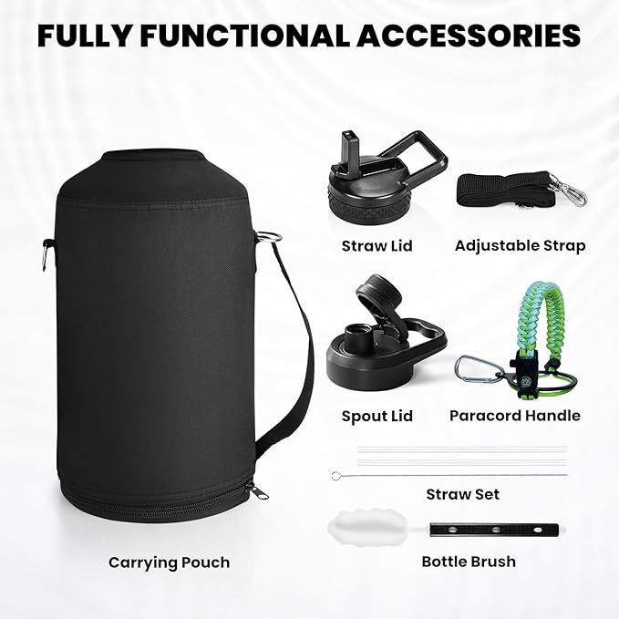 RAYMYLO One Gallon Water Bottle Insulated, Triple Walled Vacuum Stainless Steel (Cold for 48 Hrs), Leak Proof & Non-BPA, Large Water Flask Jug with Paracord Handle & Straw Spout Lids