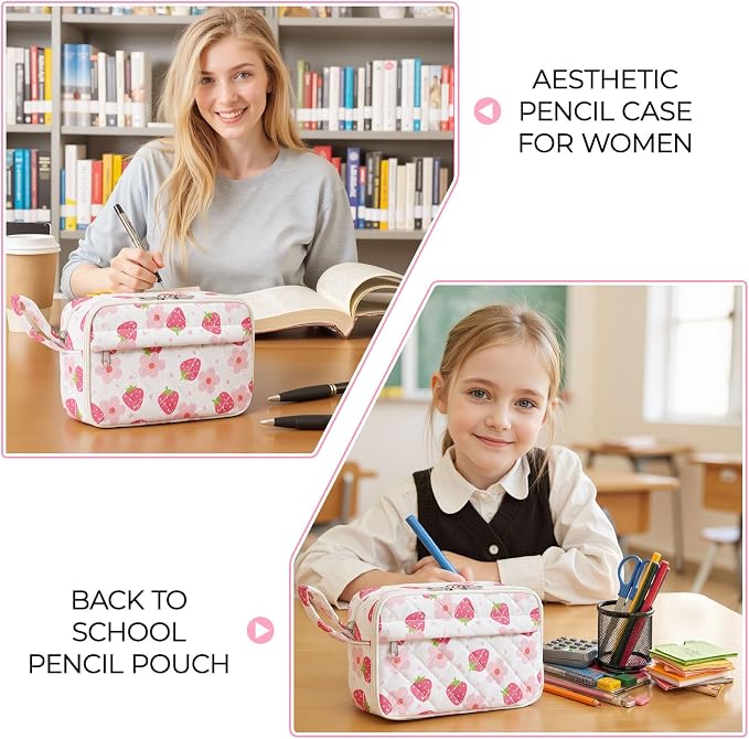 WOBAGMEN Quilted Pencil Pouch for Women, Large Capacity Pencil Case with Compartments, Cute Aesthetic Pencil Organizer, Floral Stationery Pouch(Cute Strawberry Floral1)