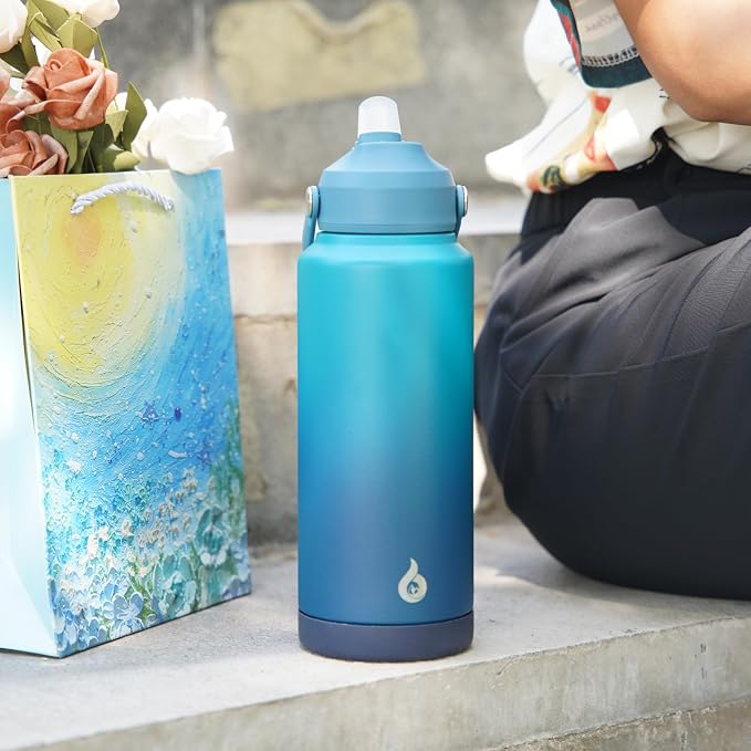 BJPKPK 32oz Insulated Water Bottle, Stainless Steel Bottle with Straw Lid | Soft Silicone Nozzle, Keep Cold & Hot, Leak-Proof BPA-Free Metal Bottle with Flex Handle for Travel, Gym & Everyday Hydration