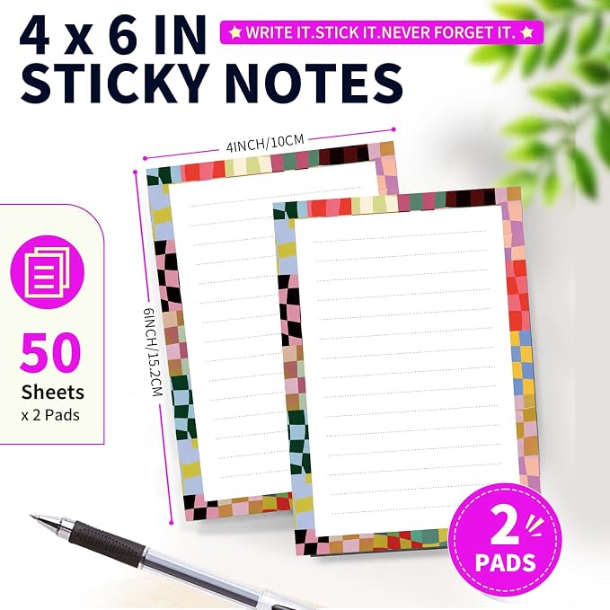 Lined Sticky Notes 4x6 in, 2 Pack Large Cute Notepads with Lines Self-Stick Note Pad, Funny Memo Pads Strong Adhesive for Office, Home Colorful Cute Plaid