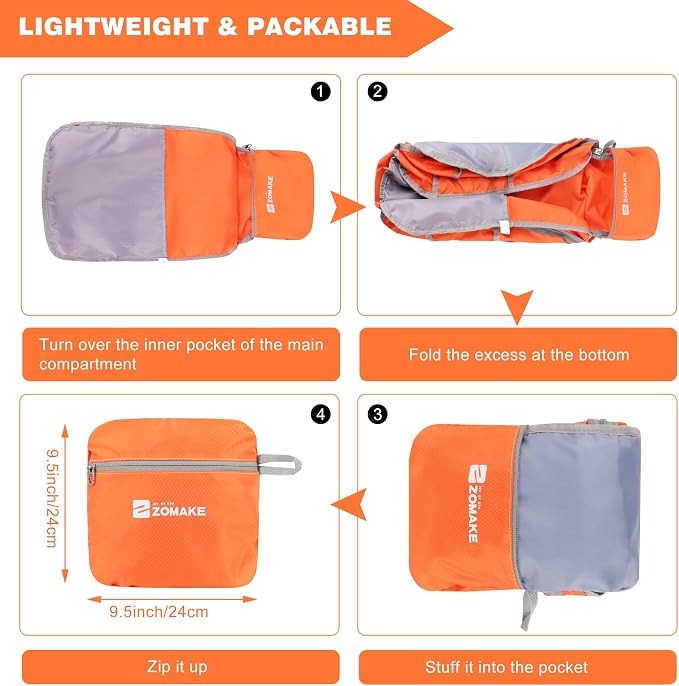 ZOMAKE Lightweight Packable Backpack 35L, Foldable Backpacks Water Resistant Collapsible Light Daypack for Hiking(Orange) | Light Hiking Backpacks Water Resistant Collapsible Day Pack for Travel, Everyday Carry, Multi-Pocket Layout, Heavy Duty Nylon