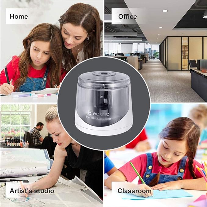 Electric Pencil Sharpener, Battery Operated for Kids Artists Adults, Automatic Sharpen for 2B/HB/Colored Pencils, Portable for Classroom (White)