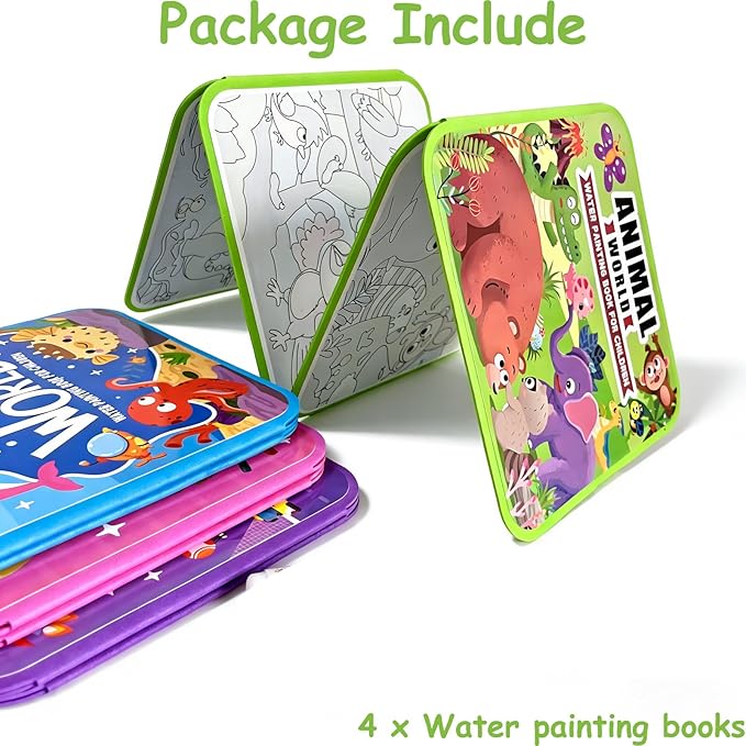 SEP SHIZHI 4 Pack Reusable Water Painting Books for Kids, 24 Painting Pages Magic Water Coloring Book, Water Doodle Book Toy, Mess Free Paint Coloring for Toddlers Ages 3+, Fun Travel Activity Toys